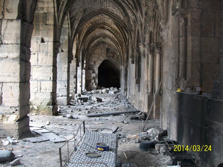 Crac des Chevaliers March 201, debris from direct hits and fire and remains from rebel occupation (copyright Directorate General for Antiquities and Museums).jpg
